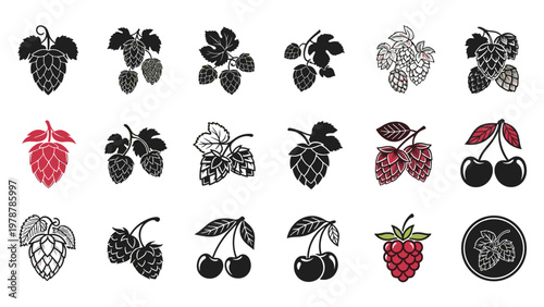 Eclectic set of icons featuring hop cones cherries and raspberries in different artistic styles for food branding.