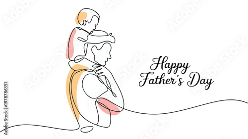 Father carrying son on shoulders continuous line drawing isolated on white background for Happy Fathers Day
