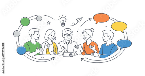 Brainstorming and idea exchange in a creative or business context where team members gather and share perspectives in an open discussion, visualized through a circular