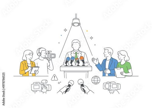 A media communication scenario where officials address the public and share important updates through a press conference setting, illustrated through a clean scene