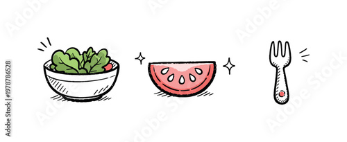Simple salad prep theme a horizontal row of 3 related hand-drawn objects on a white background: a small bowl with leafy shapes and a tiny red dot accent, a simple