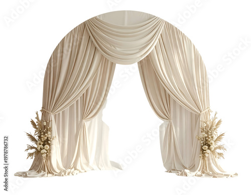 Elegant draped archway with floral accents, ivory fabric