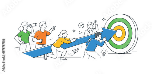 A goal visualization and outcome focus scene featuring a small group aligning efforts around a large target and a directional arrow, using a simple visual metaphor of