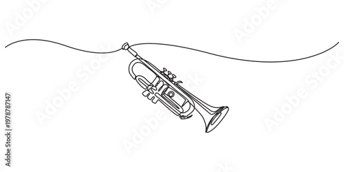 One line drawing of trumpet design. Classical jazz music instrument. Vector illustration simple continuous outline style, One single line drawing of luxury bass trombone, Musical instrument concept.