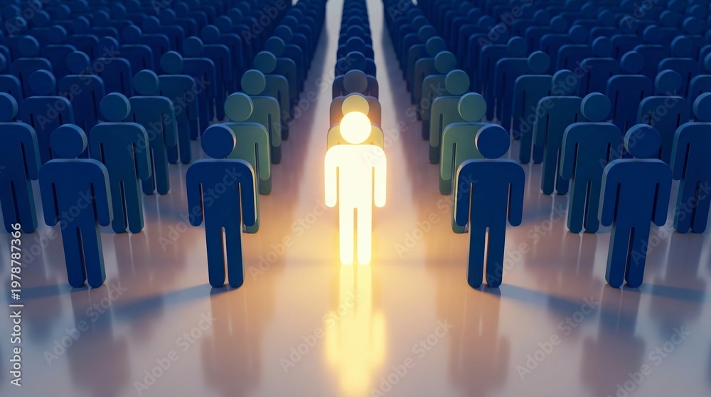Fototapeta premium Standing crowd with spotlight on central figure in modern interior