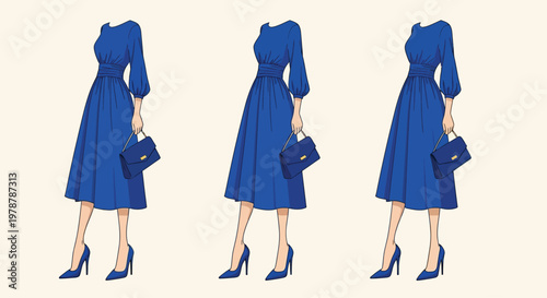 Woman Wearing Blue Dress Holding Purse For Fashion Illustration Concepts