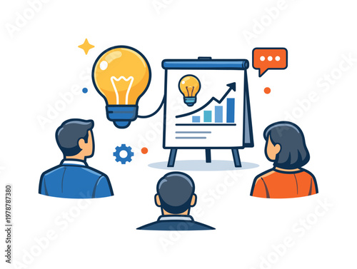 Idea pitching scenario focused on presenting innovative concepts to stakeholders in a professional business environment, a light bulb connected to a simple presentation