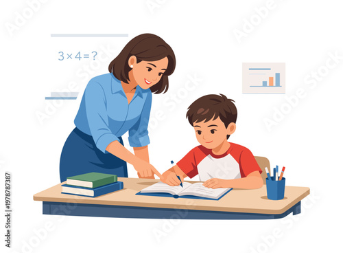 A focused teaching moment where a student participates in a lesson while the teacher guides the process, reflecting discipline, cooperation, and academic progress, a desk