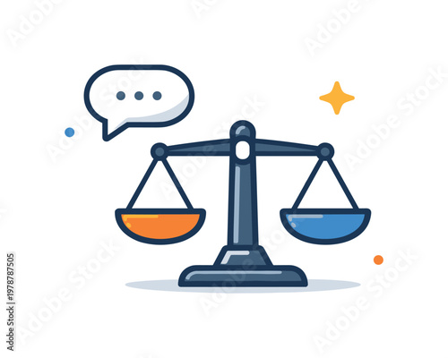 Corporate deal-making process emphasizing communication and compromise to achieve strategic outcomes, a balanced scale paired with a minimal speech bubble representing