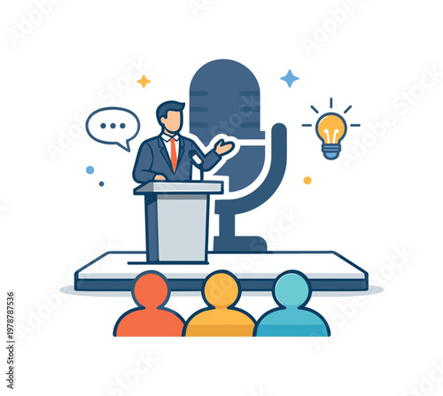 Professional speaking engagement centered on sharing knowledge and ideas effectively with a group of listeners, a minimal stage platform connected to a microphone icon