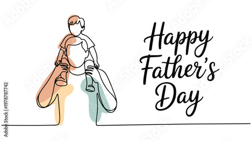 Father carrying son on shoulders continuous line drawing with Happy Fathers Day text