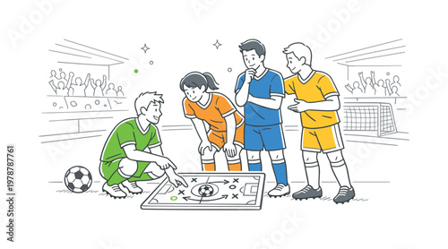 A stadium match environment where a team collaborates to score and defend during a football game, illustrated by a small group gathered near a simple field line and ball