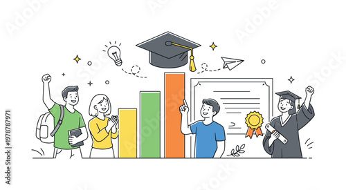 A personal growth and milestone celebration concept where individuals achieve educational goals through dedication and perseverance, depicted through a simple scene with