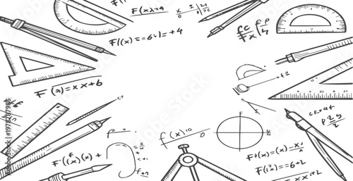 Hand Drawn Math Geometry Tools and Formulas Seamless Pattern, Transparent Background, Educational Doodle Design with Rulers Compass Protractor Equations Vector Style