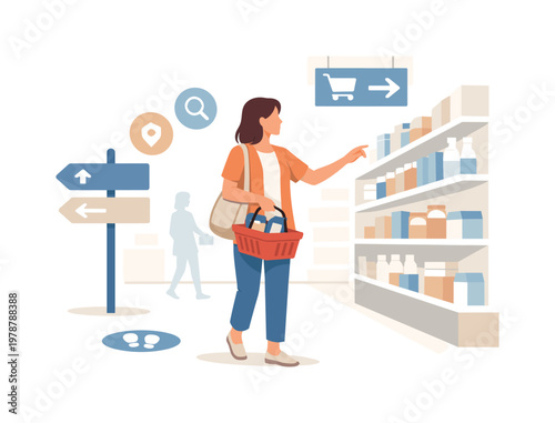 A calm shopping experience where a visitor navigates a store layout and discovers products at their own pace, reflecting comfort, accessibility, and modern retail design,