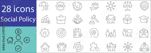 Social policy icons set with public welfare, government regulation, healthcare, education, and social support concepts in modern line style.