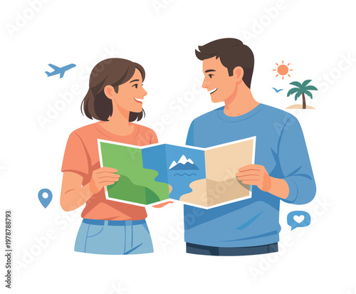 A couple discussing travel plans together in a relaxed home environment, choosing destinations and aligning expectations for a shared trip, visual metaphor of two figures
