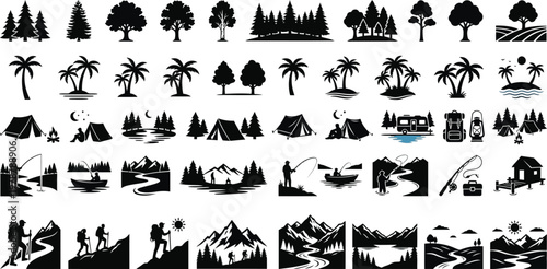 Black silhouettes of outdoor recreation and nature icons on white background