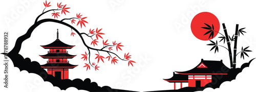 A serene Asian landscape illustration featuring pagoda temples and cherry blossoms in a minimalist design