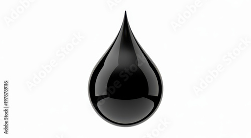 Single glossy black liquid drop isolated on a white background, representing oil or ink splash