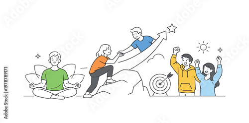 Stress management and personal growth in a wellness or self development setting where individuals overcome challenges and improve their well being, illustrated by a