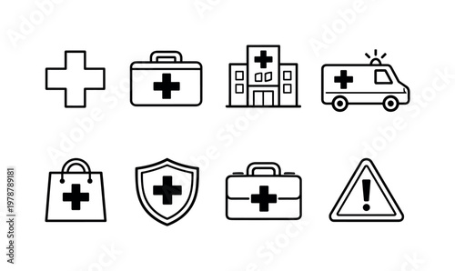 Medical plus concept: medical cross, first aid kit, hospital building, ambulance, pharmacy bag, health shield, doctor bag, emergency sign.
