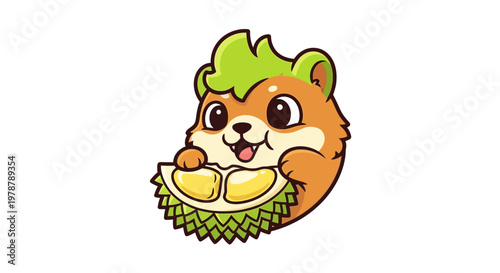Cute cartoon squirrel eating durian fruit.
