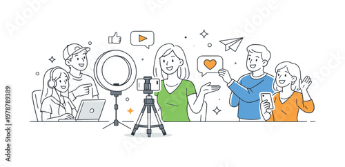 Social media influencer creating engaging content for an online audience in a modern digital environment, represented by a smartphone on a tripod and a simple ring light