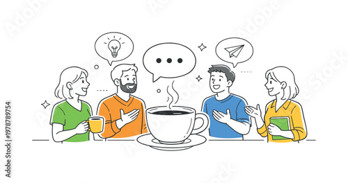 Colleague chat workplace interaction scene showing a small group of coworkers having an informal conversation during a break while exchanging ideas and building rapport,