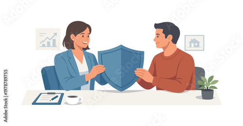A professional explaining insurance coverage to a client in a calm office setting, helping them understand protection and long-term security in financial planning, visual