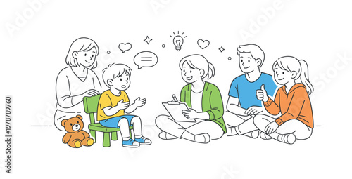 Child therapy session in a supportive healthcare environment where a therapist helps a child express emotions and build coping skills, represented by a small chair and a