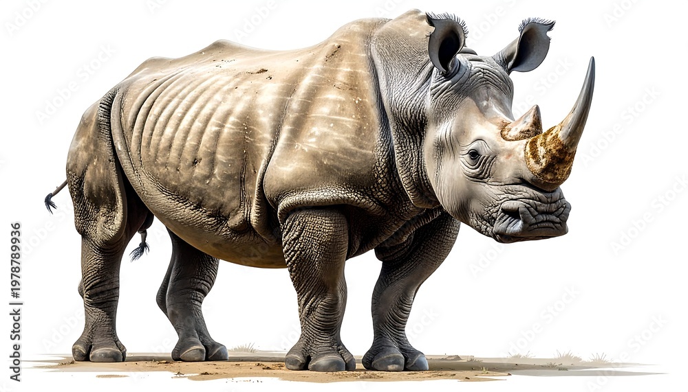 Fototapeta premium Majestic rhinoceros stands proudly, showcasing its impressive size and horn.