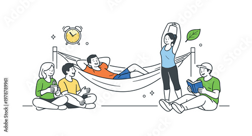 A work-life balance concept where people intentionally pause their routines to maintain mental and physical well-being, represented by a minimal composition of a hammock