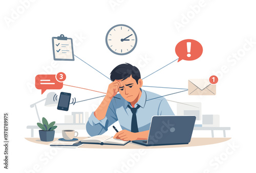 A professional attempting to focus on tasks at a desk while being interrupted by notifications and surrounding stimuli in a modern office environment, representing