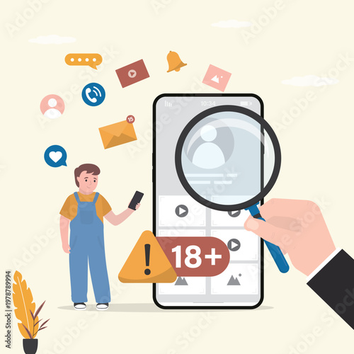 Professional hand uses magnifying glass to inspect smartphone with an 18+ warning, protecting young boy from restricted content. Digital monitoring and parental control.