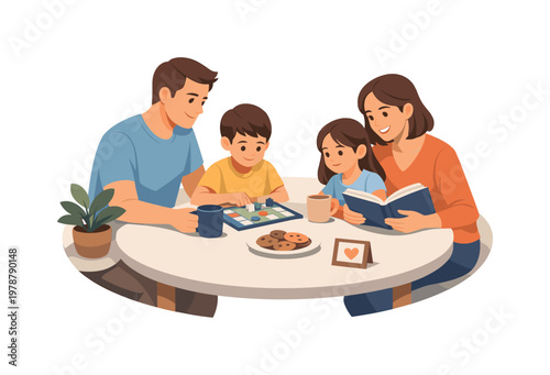 Family Day celebration with parents and children spending quality time together in a cozy home environment, sharing activities and conversation that strengthen