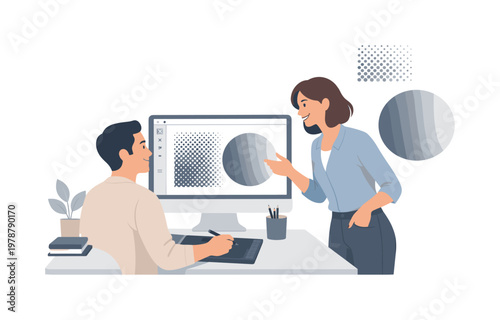 Graphic design texture creation scenario where a designer applies halftone patterns to add depth and visual interest in modern compositions, symbolized by a dotted