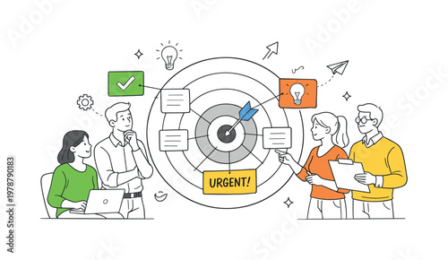 A task prioritization and strategic focus scene showing a small team selecting key activities around a large target and highlighted task cards, using a clear visual