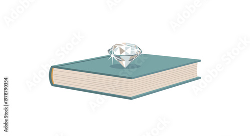 A brilliant multifaceted diamond sparkles with light as it sits prominently on the cover of a closed teal hardcover book in a minimalist setting.