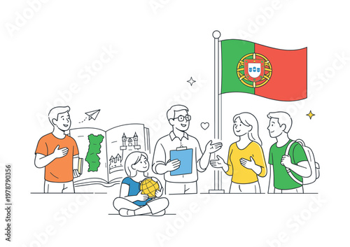 People learning about world cultures and national identities in an educational or global awareness context, illustrated through a clear metaphor of a simplified Portugal