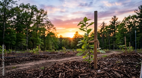 Young tree sapling supported by a stake grows in a mulched field at sunset with forest behind