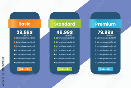 Modern pricing table design displaying basic, standard, and premium subscription plans