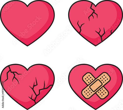 Hearts showing emotional states of love and heartbreak are rendered as stylized icons here.