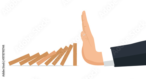 A professional hand wearing a dark business suit sleeve and crisp white cuff firmly stops a row of falling wooden blocks on a clean white background.