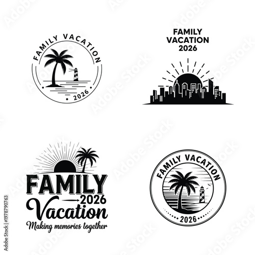 Four black and white vacation logo designs featuring palm trees sunsets and cityscapes