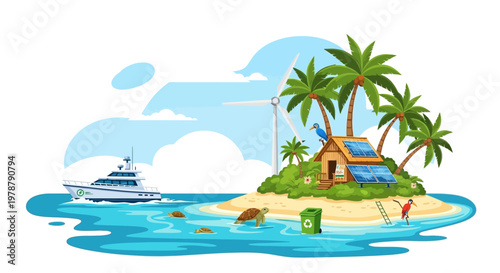 A serene illustration of a tropical island with palm trees and a house near a boat in calm waters.