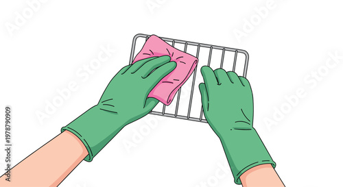 A pair of hands wearing long green protective rubber gloves uses a bright pink cloth to carefully wipe a silver metal grill rack against a white backdrop.