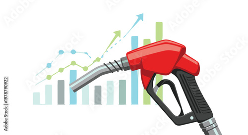 A vibrant red fuel pump nozzle stands prominently in the foreground while a colorful bar chart with rising arrows indicates increasing energy fuel costs.