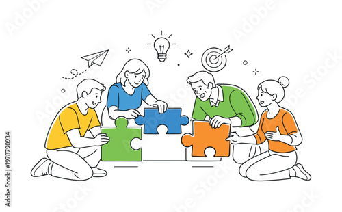 A teamwork and collaboration scene showing a small group of colleagues gathered around a large puzzle with only a few pieces, using a clear visual metaphor of collective