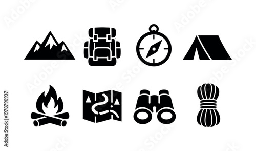 Outdoor adventure: mountain peak, hiking backpack, compass, camp tent, campfire, trail map, binoculars, climbing rope.